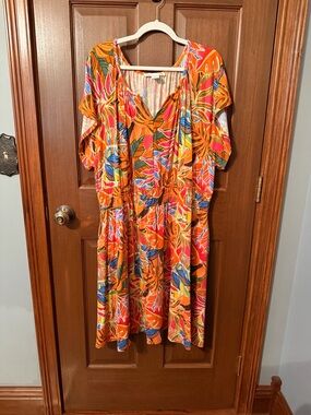 C&C California Orange Tropical Midi Dress with Multicolor Leaf Print